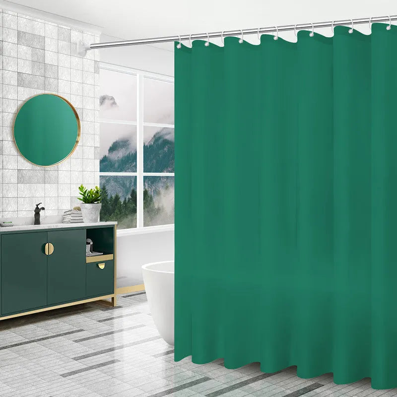 PEVA shower curtain with stainless steel buttonholes in a geometric pattern, available in multiple sizes and colours