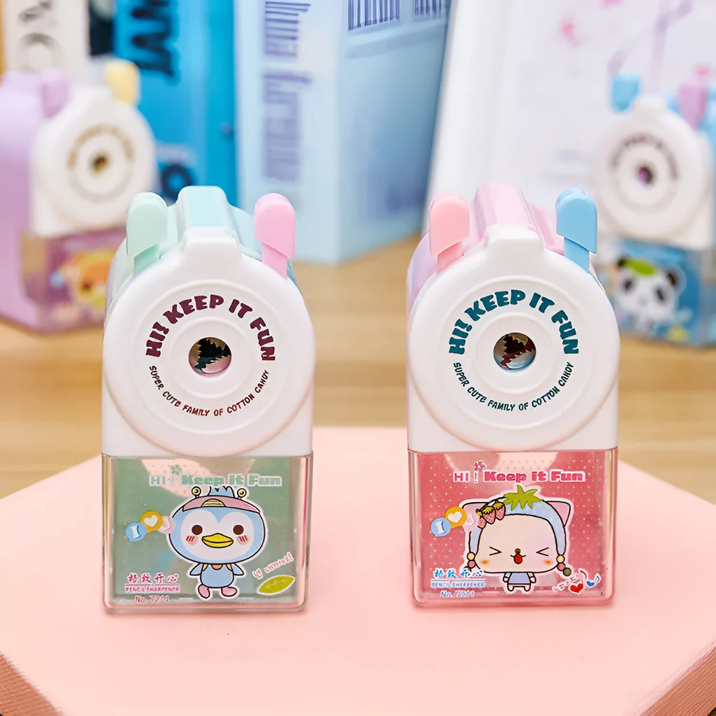Cartoon pet pencil sharpener with geometric design in blue, green, pink, and purple options