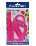Student four-piece plastic ruler set with 15cm ruler, 30 and 45 degree triangles, and protractor in neon colours