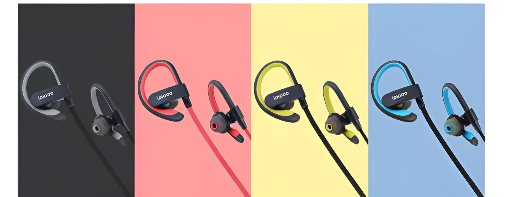 Wireless sports headphones in blue, grey, red, or yellow colours with earplug design.