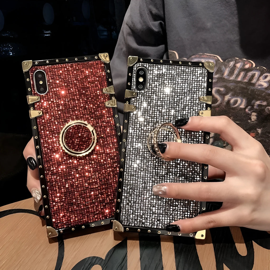 Square TPU mobile phone case with flash diamond bracket in multiple colour options