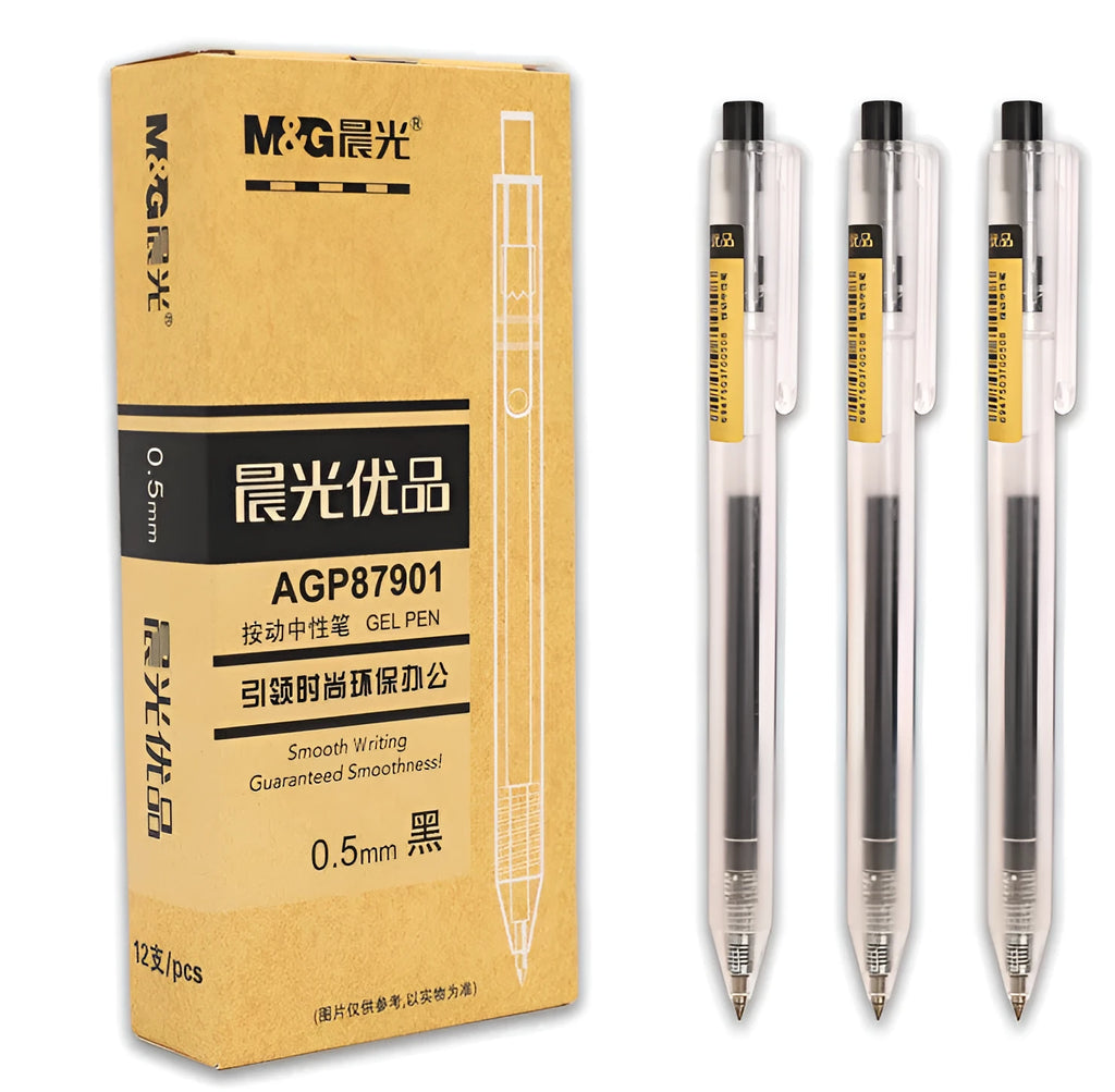 12 black retractable gel pens with frosted stick barrels and 0.5mm tips plus 2 refills