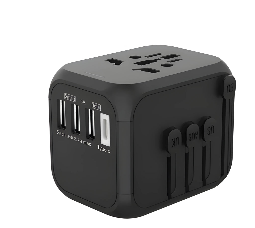 Black six-socket universal travel conversion plug adapter showing front and side views