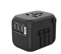 Black six-socket universal travel conversion plug adapter showing front and side views