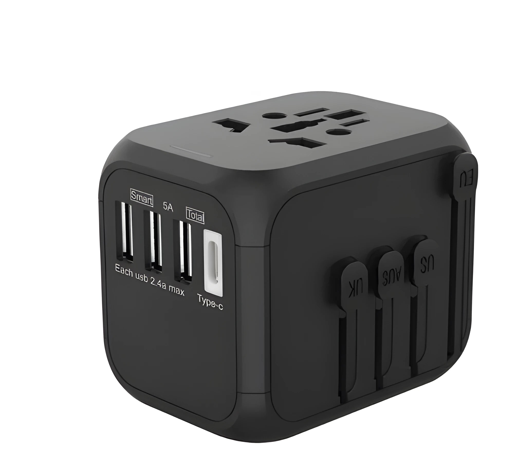 Black six-socket universal travel conversion plug adapter showing front and side views