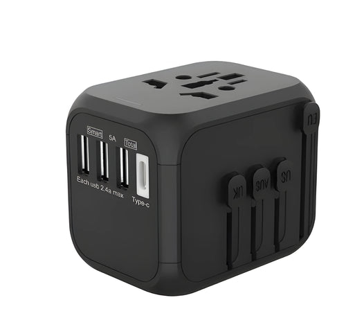 Black six-socket universal travel conversion plug adapter showing front and side views