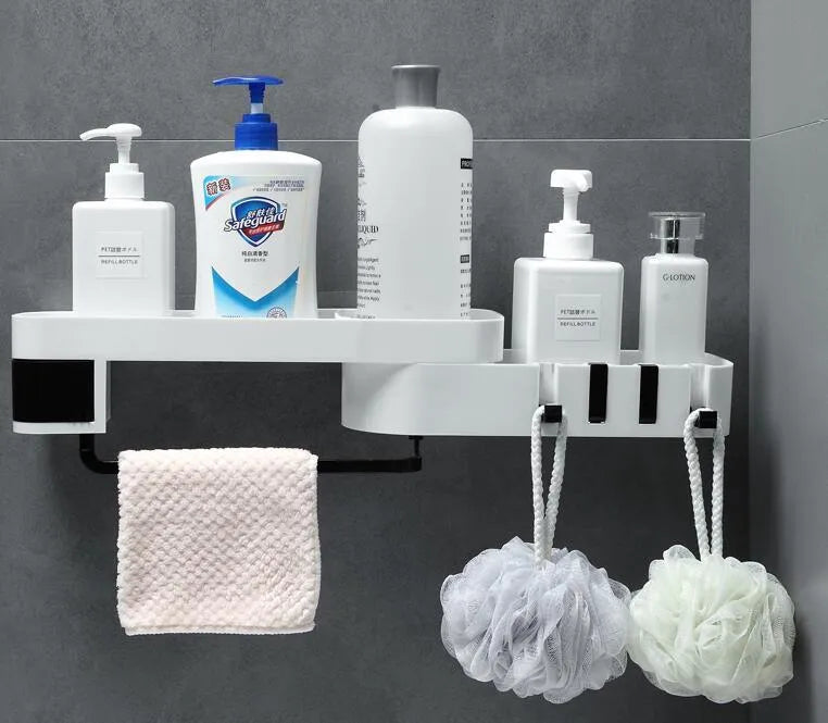 White and grey retro style bathroom corner shelf with suction wall mounting
