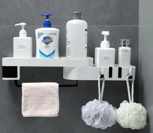 White and grey retro style bathroom corner shelf with suction wall mounting