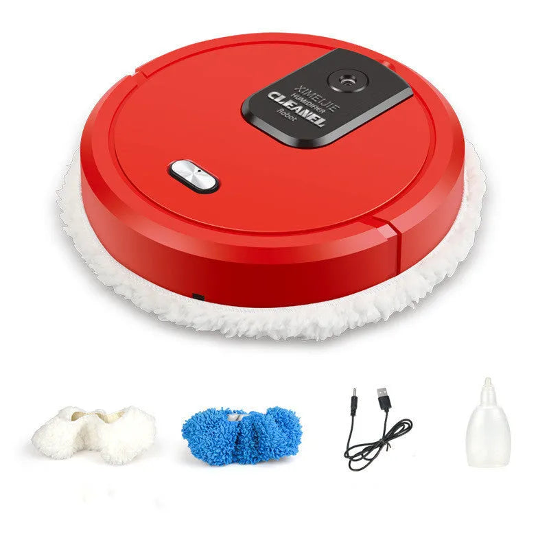 Automatic sweeping robot with wet and dry mopping cloths on a tile floor, showing slim 65mm body