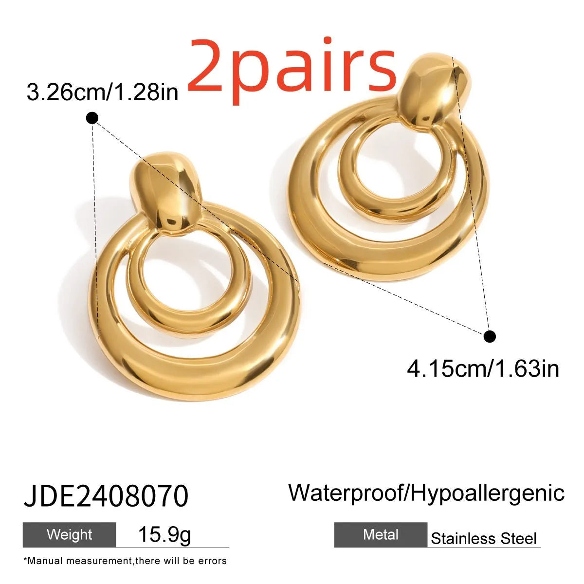 Round golden double layer hollow stud earrings for women with a geometric design.