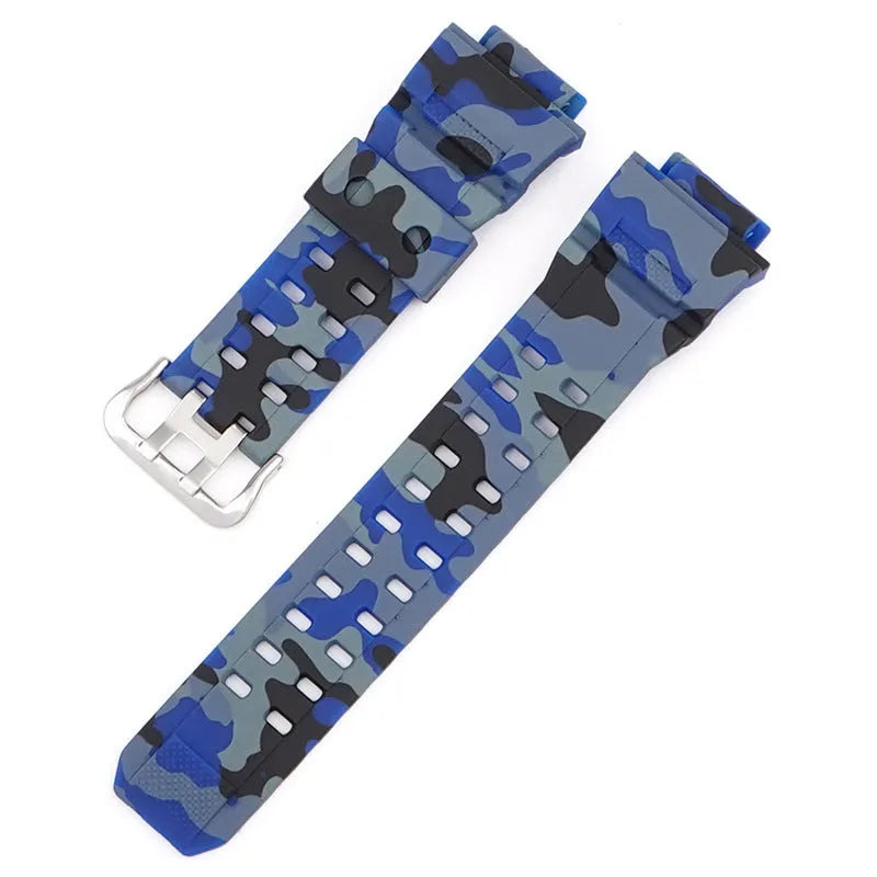 Camouflage pattern TPU watch strap with silver buckle on a 20mm watch lug