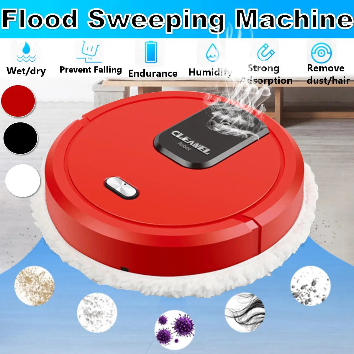 Automatic sweeping robot with wet and dry mopping cloths on a tile floor, showing slim 65mm body