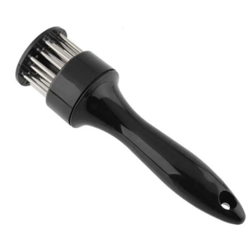 Stainless steel meat tenderiser needle tool with white handle and metal needles