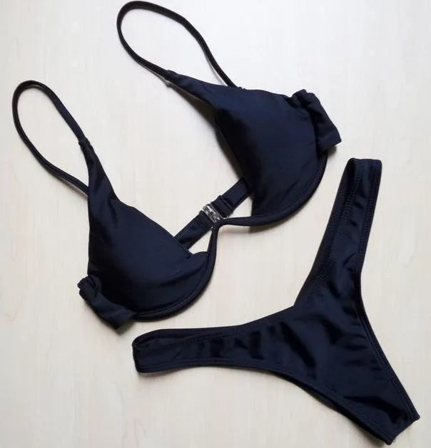 Multi-Color optional bikini swimsuit with strip steel belt and chest pad, available in 15 colours, solid colour open back design
