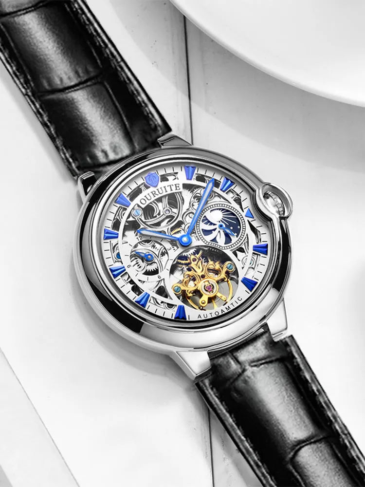 Men's mechanical watch hollow dial 43mm automatic movement rose gold leather strap