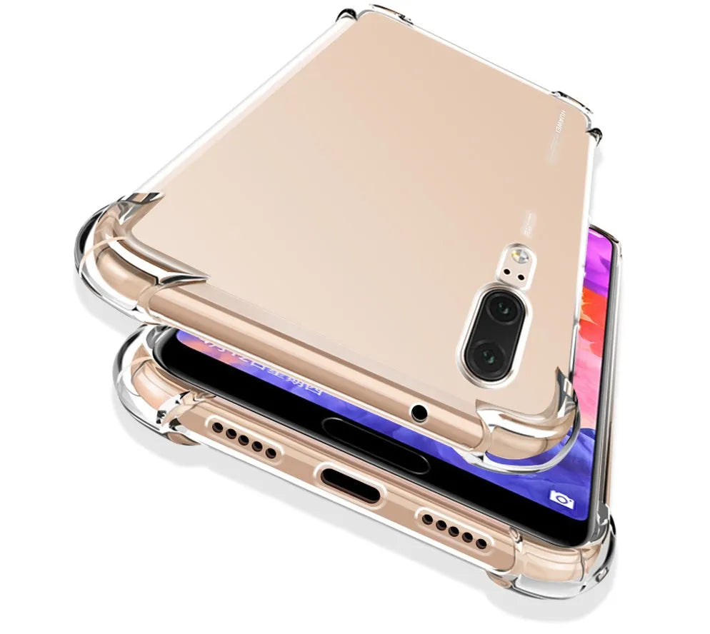 Transparent TPU phone case for Huawei smartphones showing airbag drop-resistant design