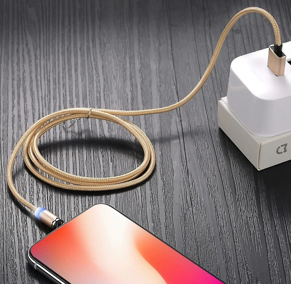 USLION circular magnetic charging cable in black, showing magnetic connector and plug for Android, iOS, or Type-C device.