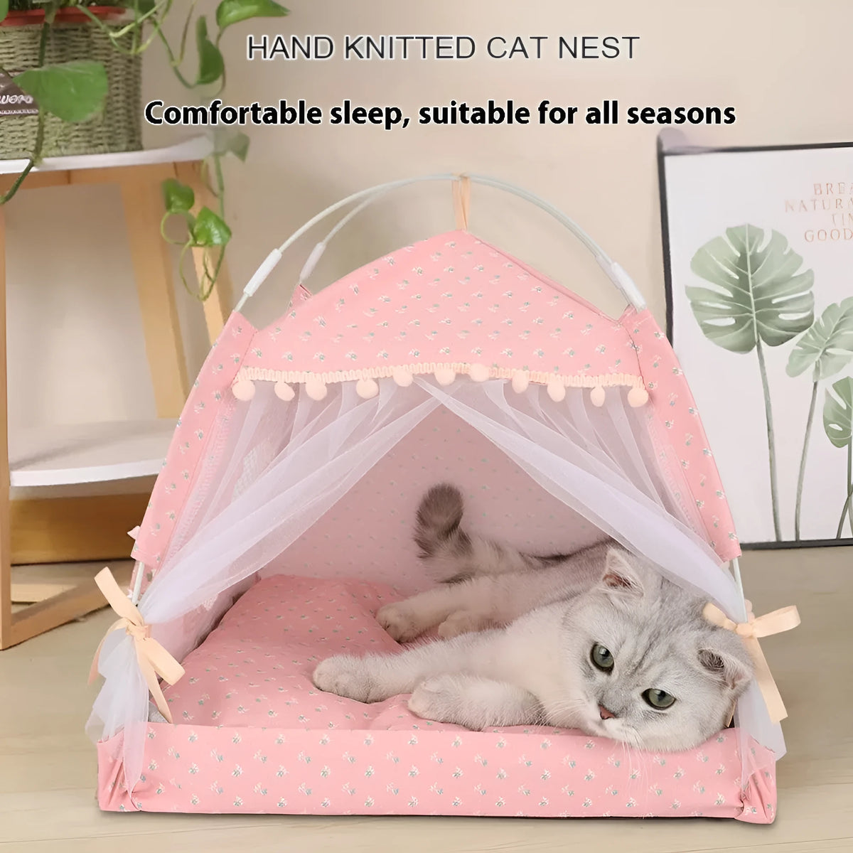 Semi-closed foldable cloth cat nest kennel in olive green with cat inside
