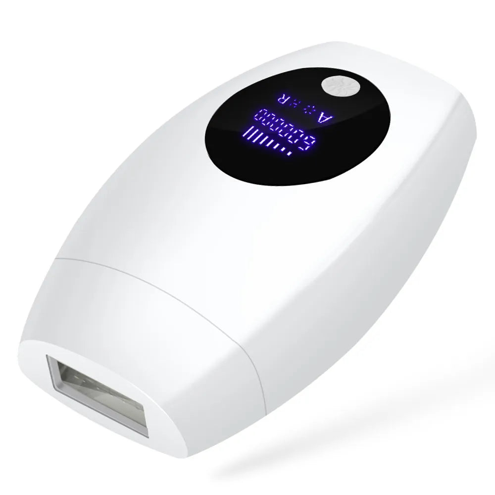Laser hair remover with LCD display, 600,000 flashes, compact design, white finish