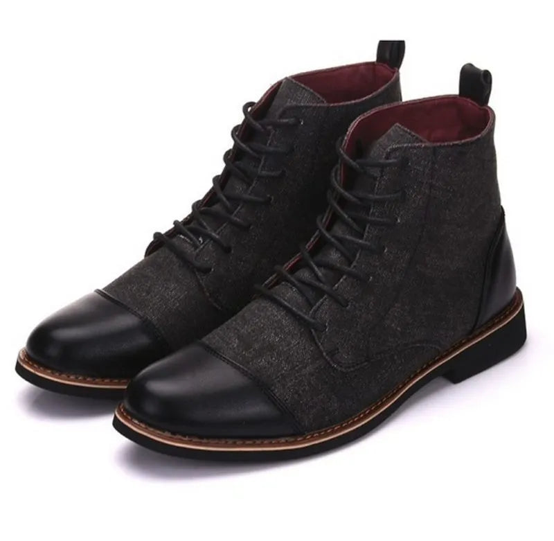 Men's black leather motorcycle boots with buckle details and a thick rubber sole.