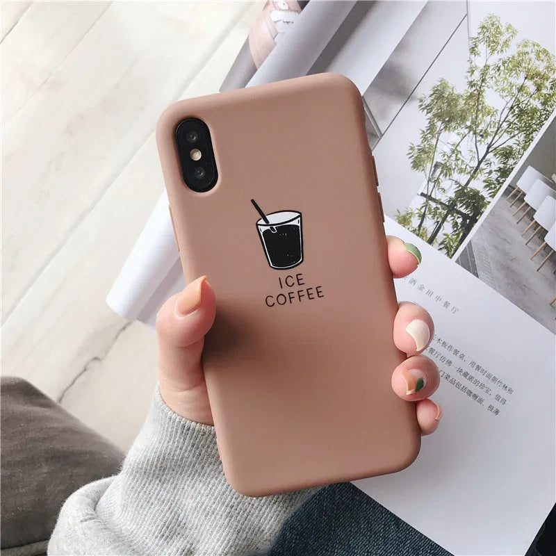 Soft matte silicone iPhone case with ice coffee or french fries couple design