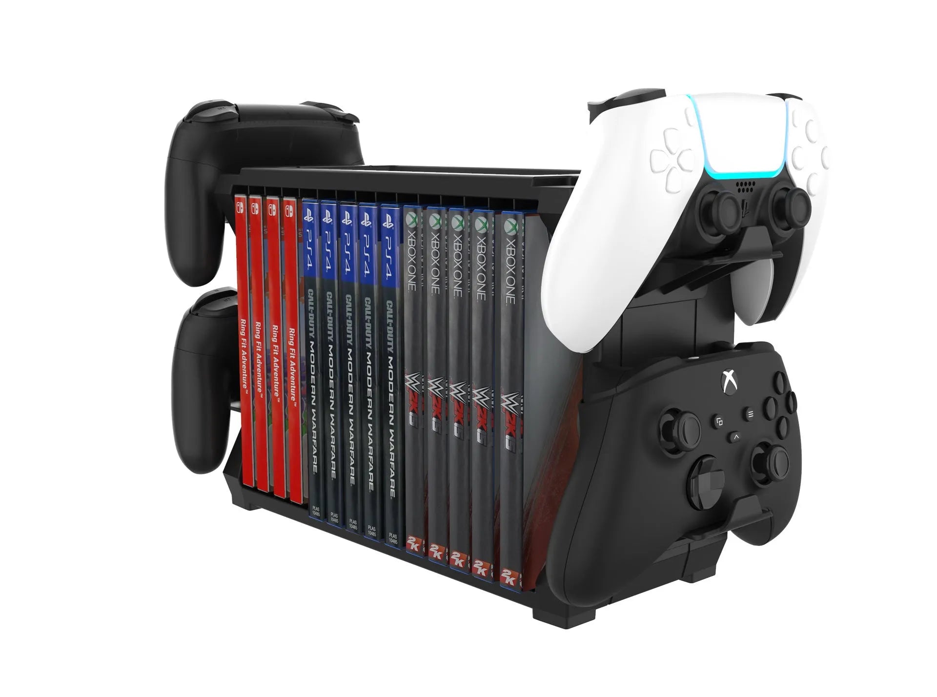 Black PS5 and Xbox Series X disc holder stand with slots for game cases and four controllers.
