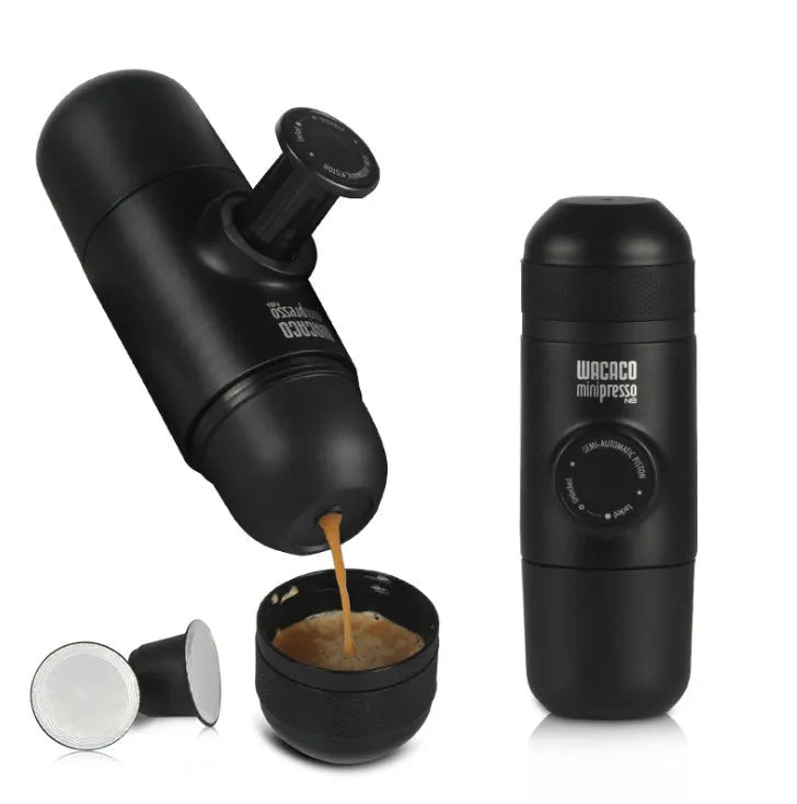 Black portable manual coffee machine measuring 6×17.5cm with stainless steel components