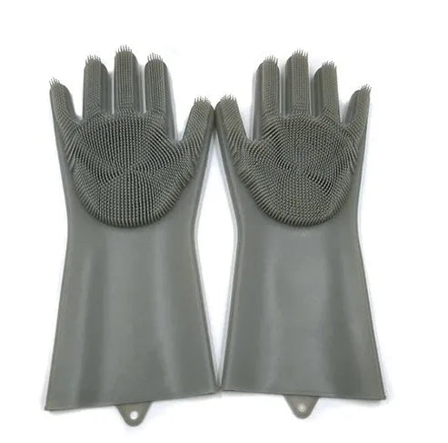 Blue silicone cleaning gloves with a textured sponge palm design for scrubbing.