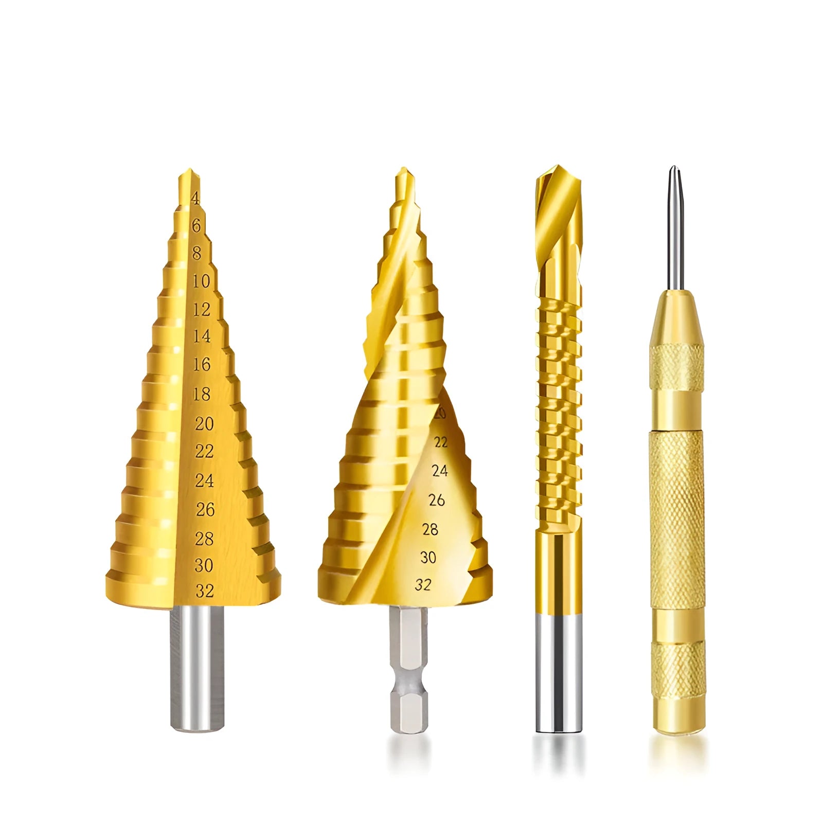 High speed steel cone drill bit and centre punch set with multiple step drill sizes for metalworking