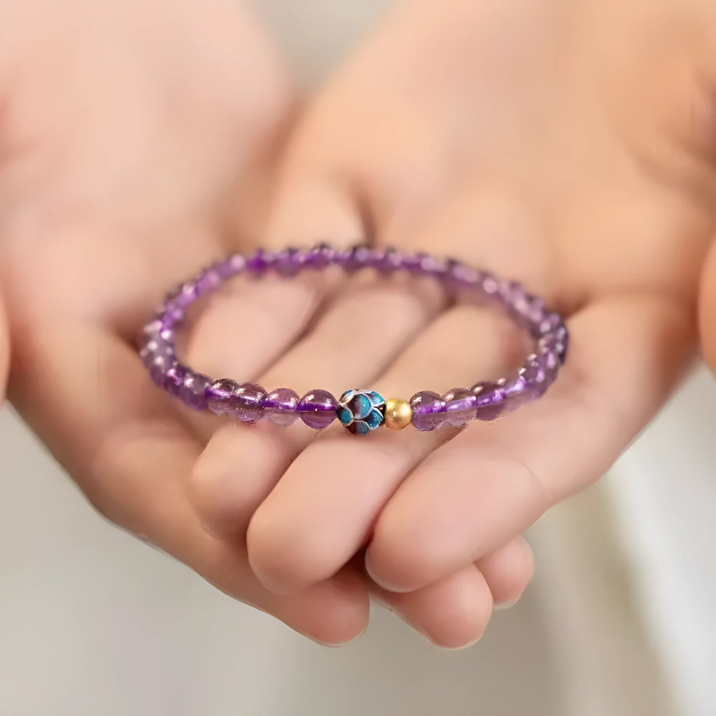 Nine purple lotus charm bracelet with mixed material construction and retro style design for women's jewellery