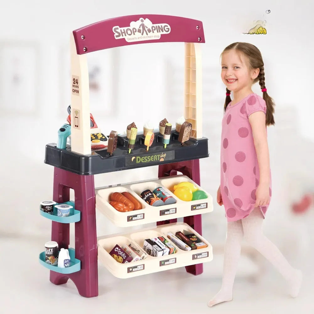 Plastic ice cream supermarket pretend play toy set in red (668-74) with table and toy accessories