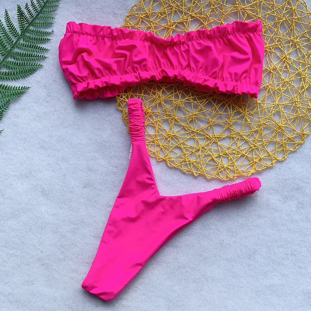 Women's solid colour bikini with split chest pad, high waist briefs, in leopard print, fluorescent green, or rose red.