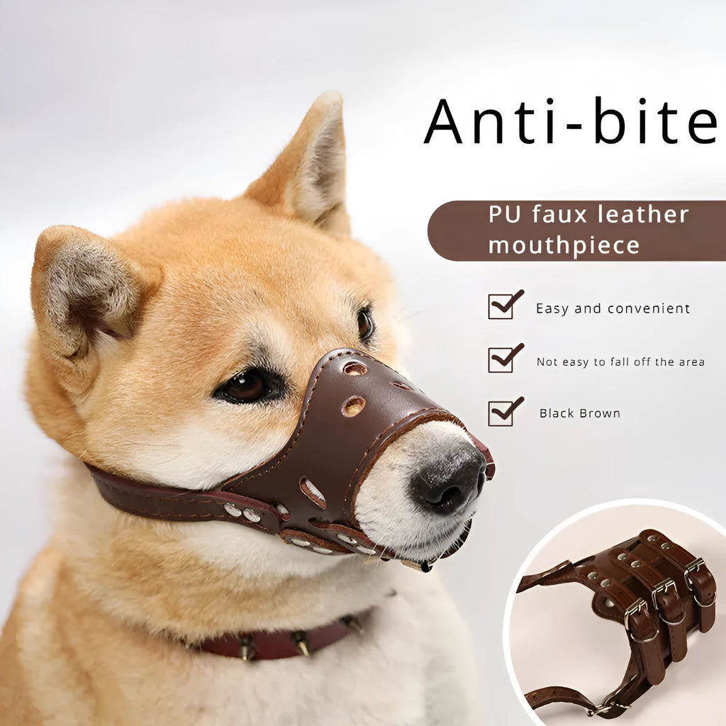 Black adjustable dog muzzle cover shown on a Golden Retriever for anti-barking and bite prevention training.