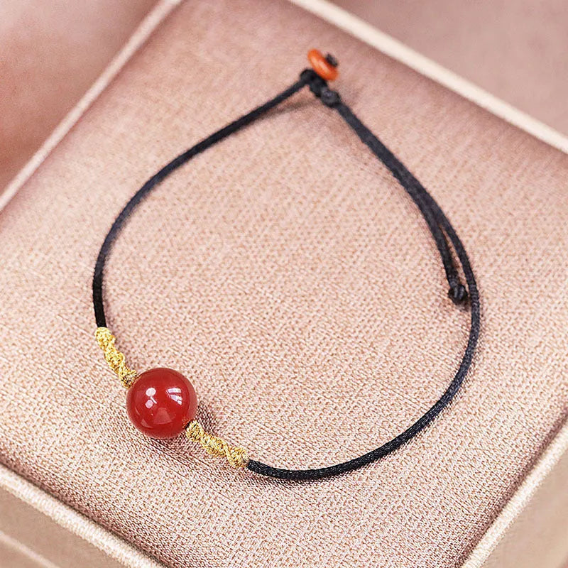 Natural red agate bracelet and necklace set with hand-woven beads in national style