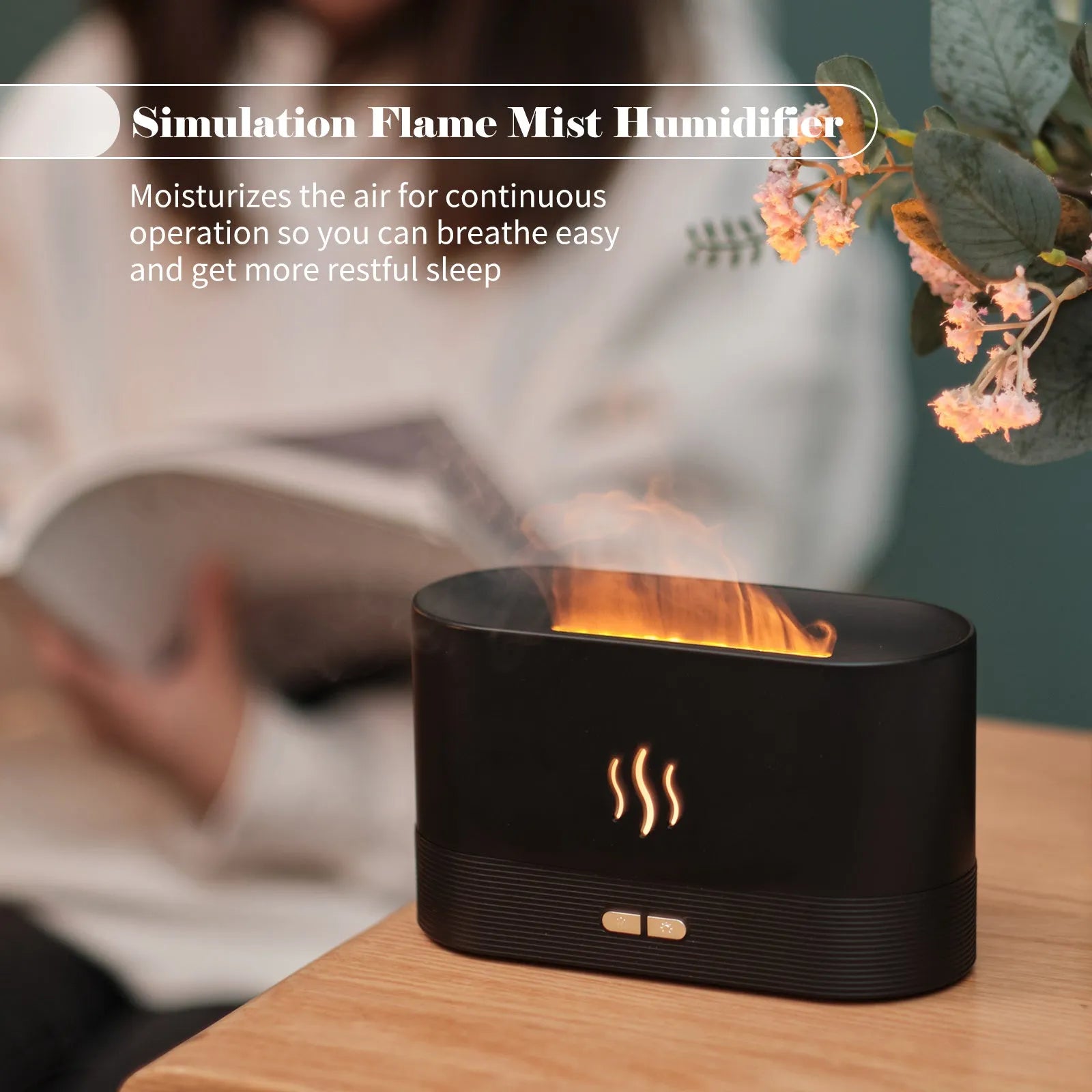 Ultrasonic aroma diffuser with flame light, black, 75x75x137mm, on wooden table with mist