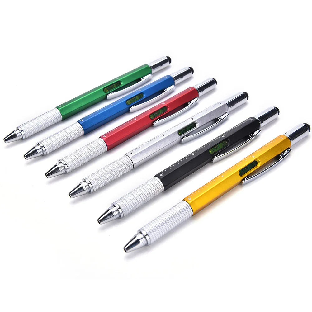 6 in 1 multi-function ballpoint pen with touch screen stylus, screwdriver tips, ruler and spirit level in black plastic
