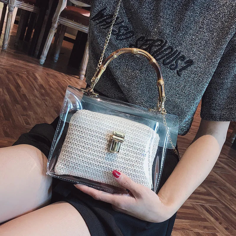 Women's bamboo knot woven handbag in khaki with chain detail, PVC body, and hasp closure