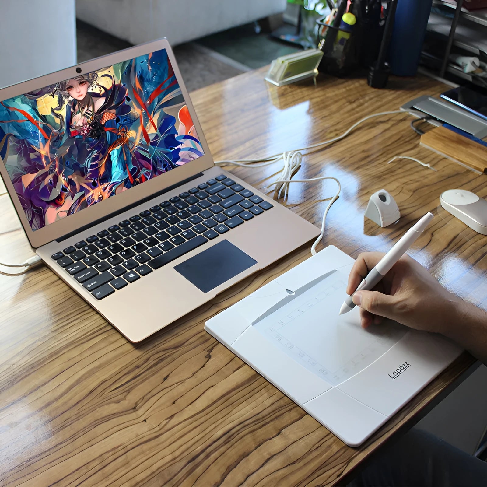 WP5540 white computer painting board USB graphics tablet with pen on a desk