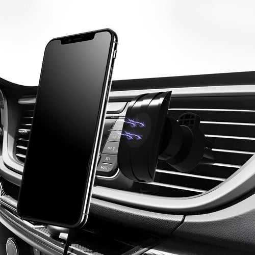 Black car phone holder mounted on vehicle air vent with phone in cradle