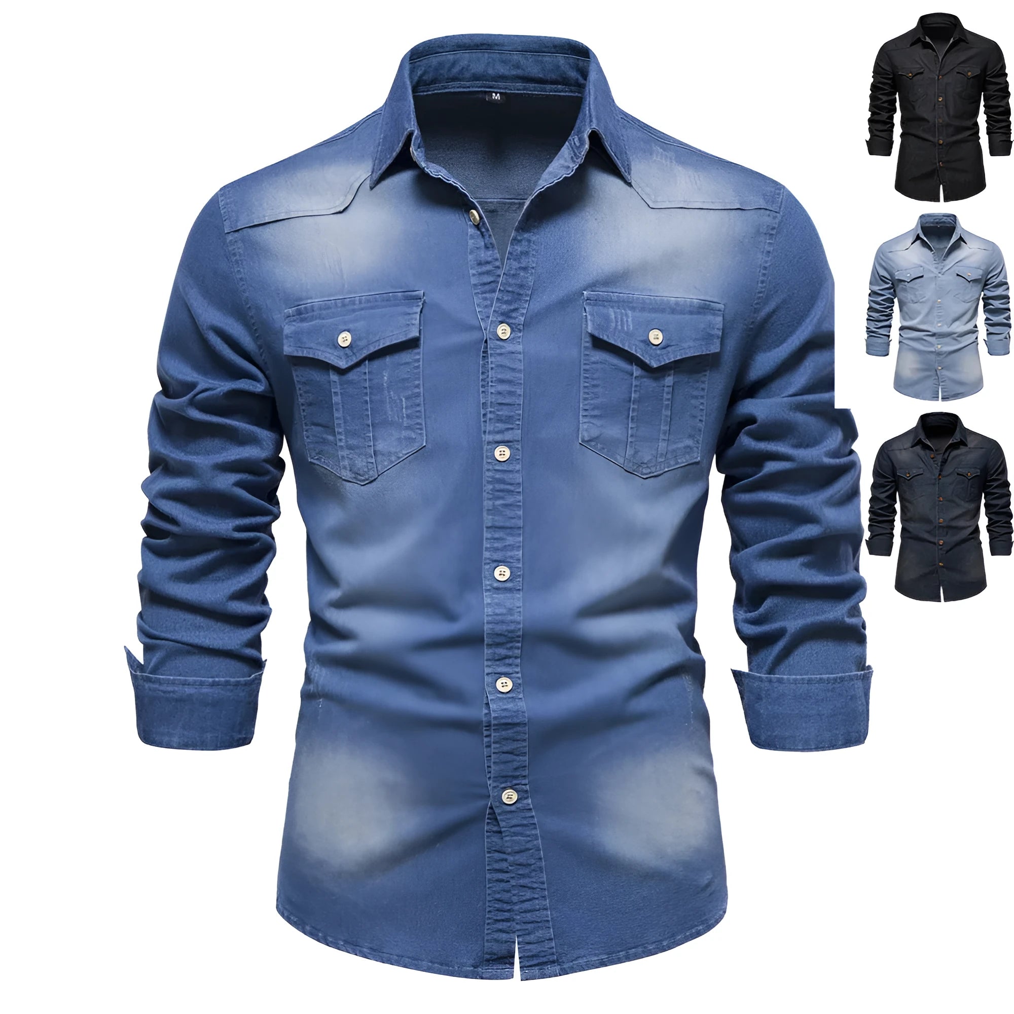 Men's slim fit long sleeve denim shirt in a solid colour on a hanger.