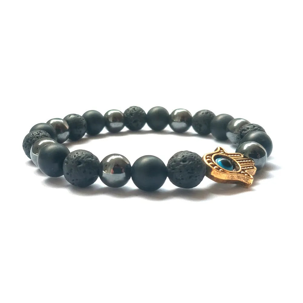 Handmade beaded bracelet with 8mm stone and alloy beads in silver finish, electroplated, 18cm circumference
