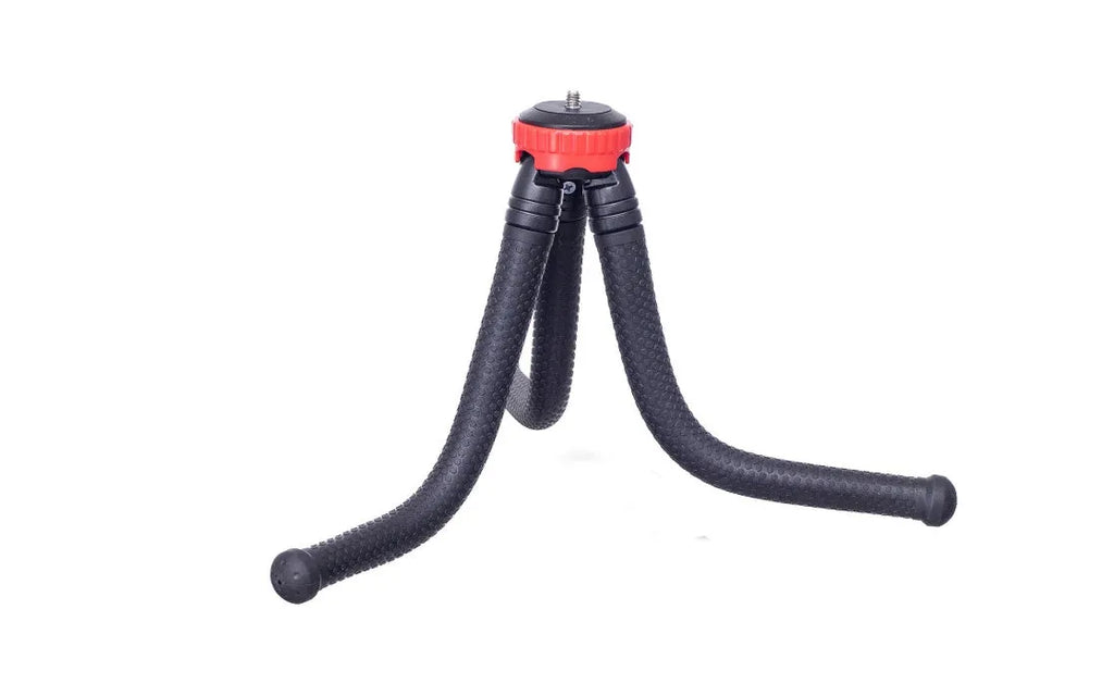 Black octopus tripod with eight flexible rubber legs and a spherical gimbal head for mounting cameras and phones.