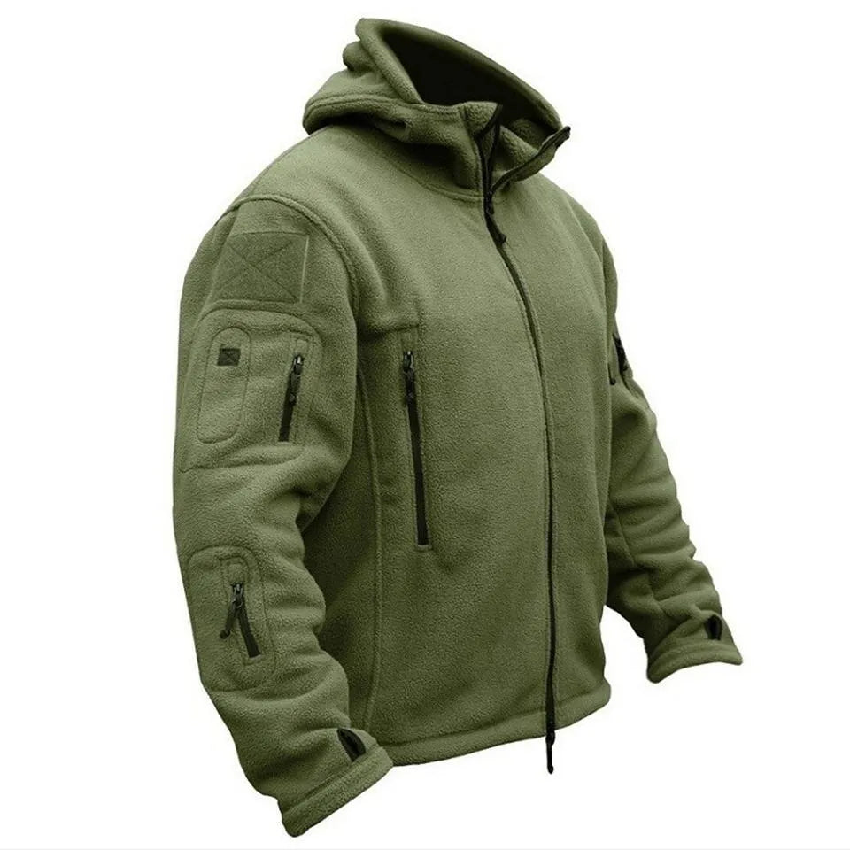 Men's military winter thermal fleece tactical jacket in khaki with multiple pockets on a model
