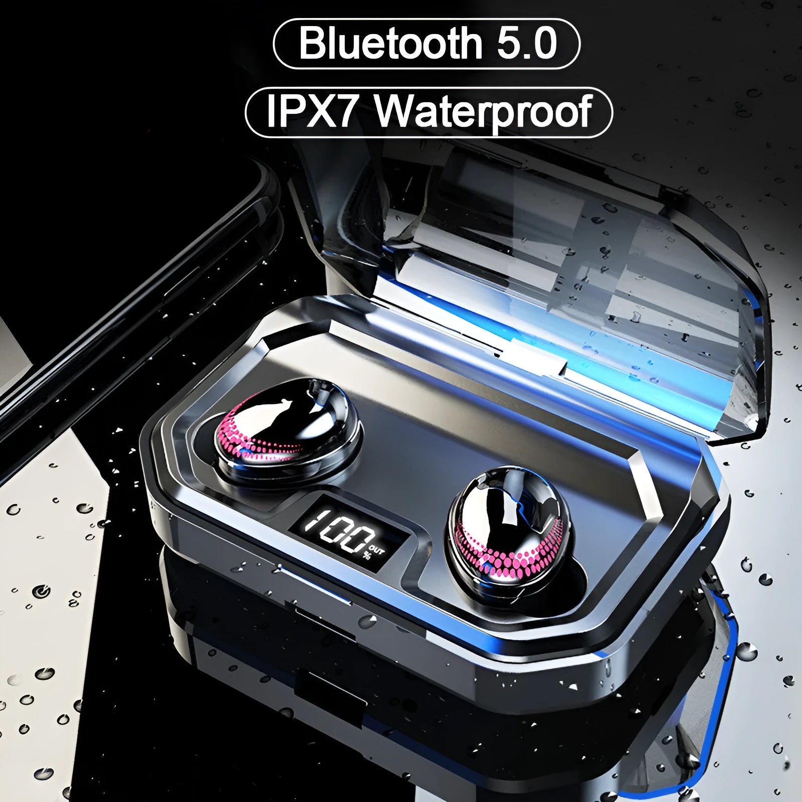 Black X10 Bluetooth wireless headset and charging case on a white background.