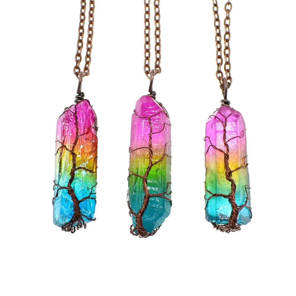 Stone crystal pillar tree of life pendant necklace with adjustable O-chain, rainbow and carnelian colour options