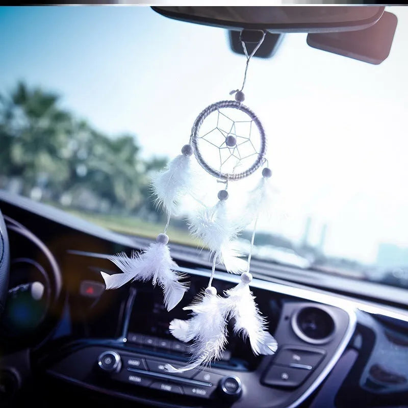 Dreamcatcher hanging pendant car decoration with grey feathers and double circle metal ring