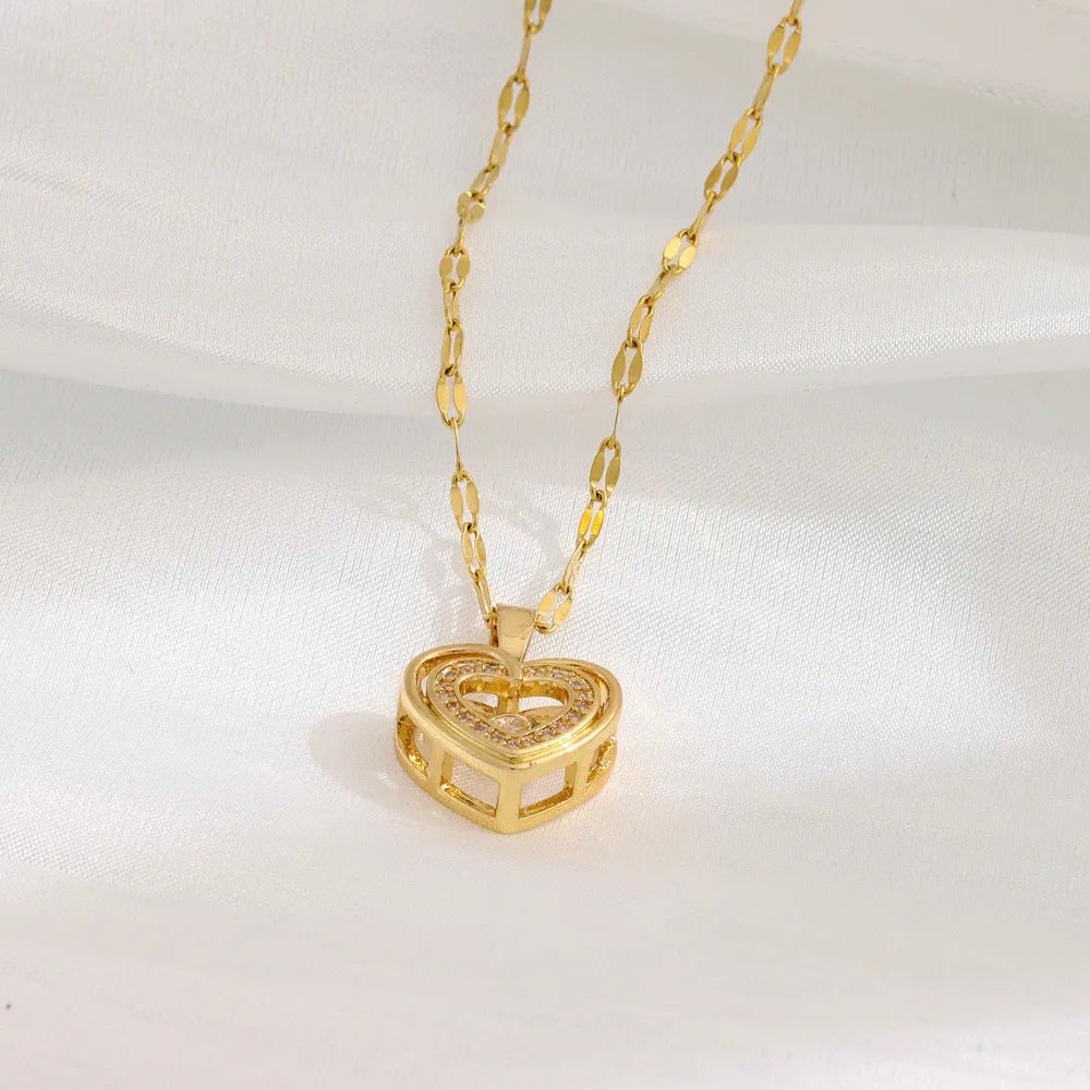 Double-layer titanium steel love necklace with rhinestone heart pendant on woman
