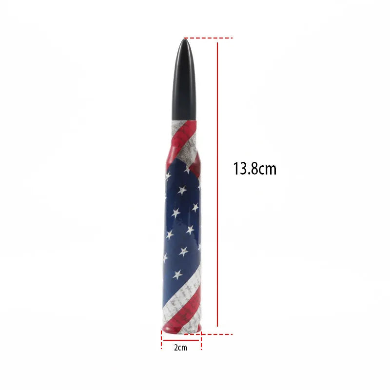 Bullet-style car antenna in camouflage green, black, or American flag design, showing 14cm length.
