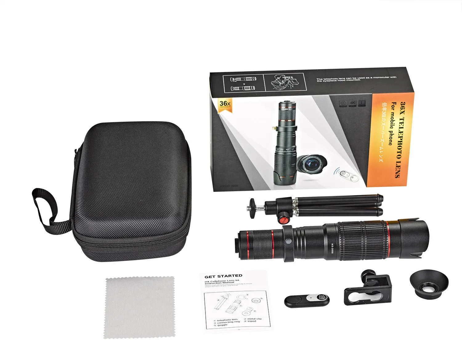 Black 36x telephoto mobile phone telescope with universal clip mount on a smartphone