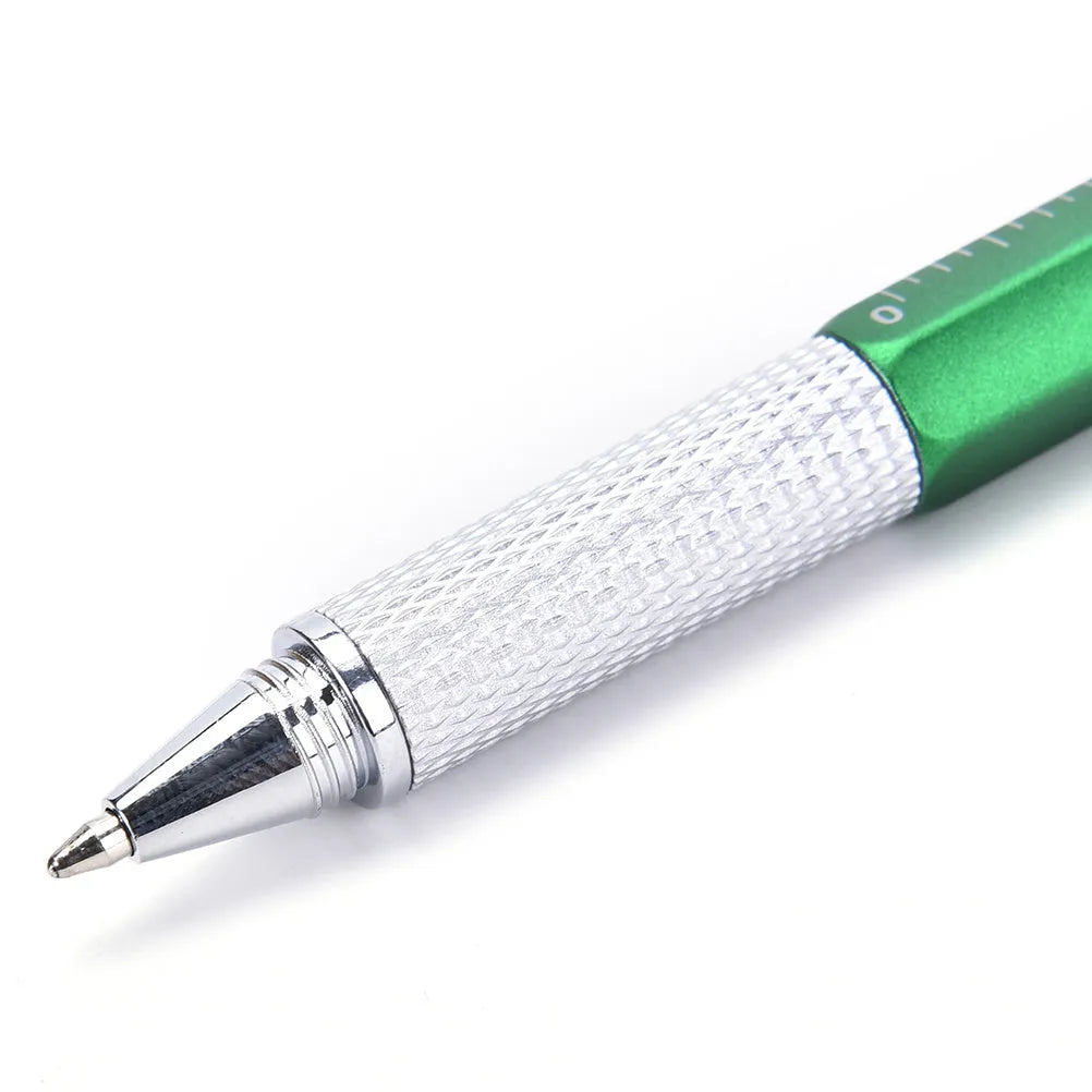 6 in 1 multi-function ballpoint pen with touch screen stylus, screwdriver tips, ruler and spirit level in black plastic